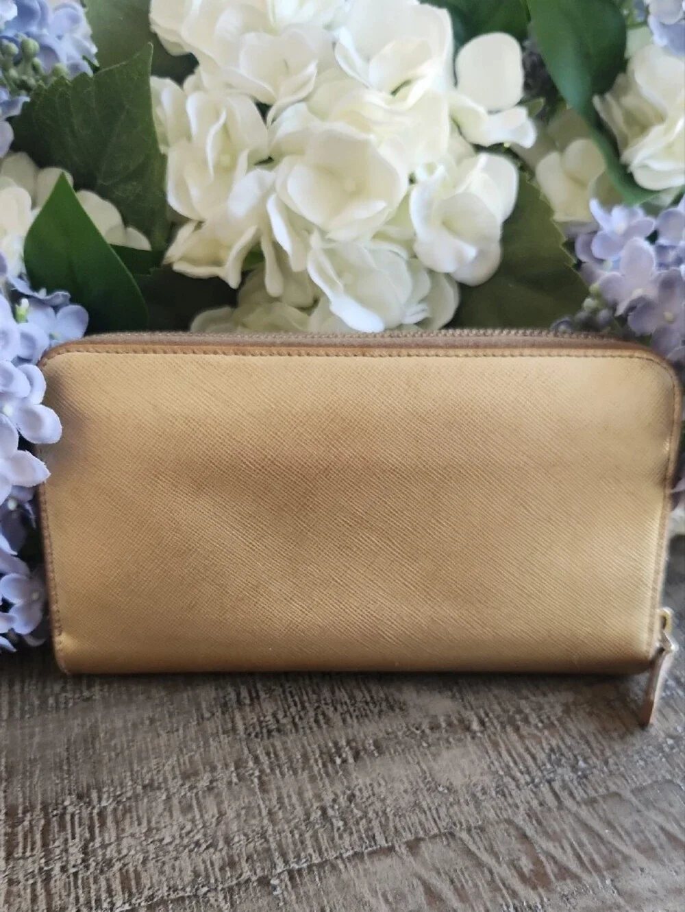 Prada Metallic Gold Bow Zip-Around Wallet